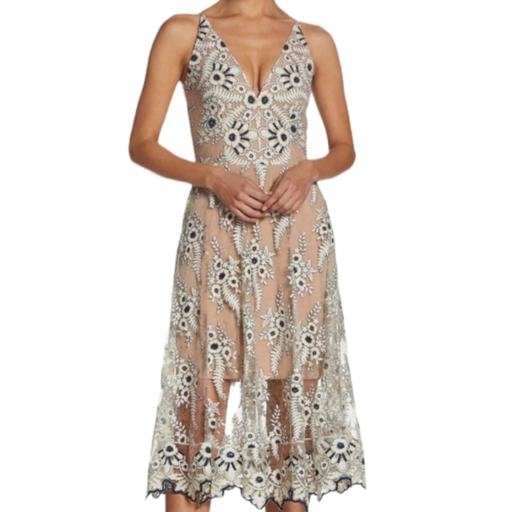 Dress The Population Audrey Midi Dress Ivory Navy Size S NEW without Tag